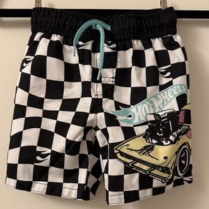 Boys' Black & White Check Swim Trunks with Turquoise Drawstring